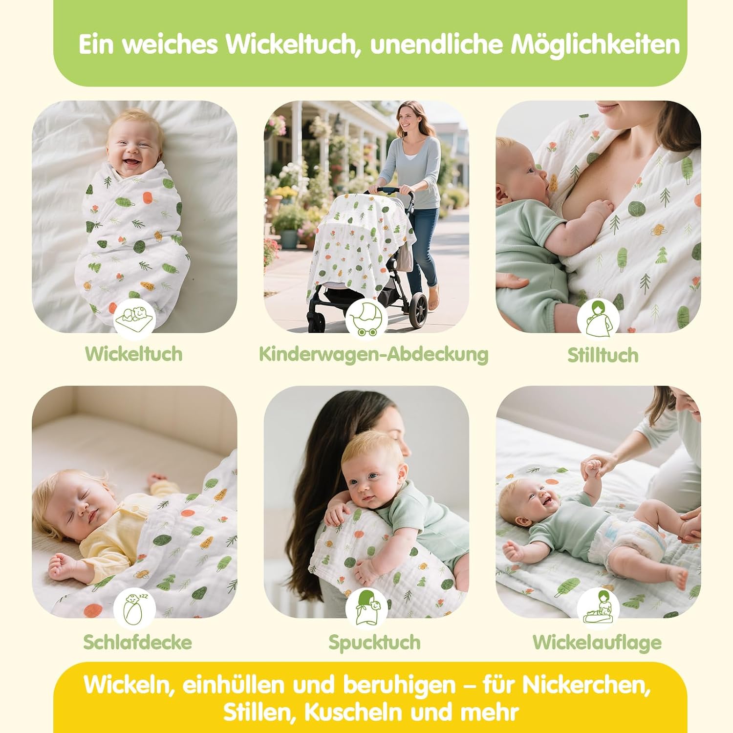 Detalle de Hahaland 9-teiliges Baby Geschenkset – Waldmotiv, Wickeltuch, Rasseln und Meilensteinkarten