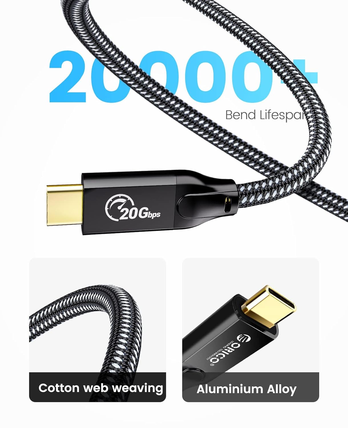 Detalle de ORICO USB-C Kabel 20 Gbps Gen2x2, 2 m, 100 W PD3.0, USB-C zu USB-C – 4K@60 Hz kompatibel