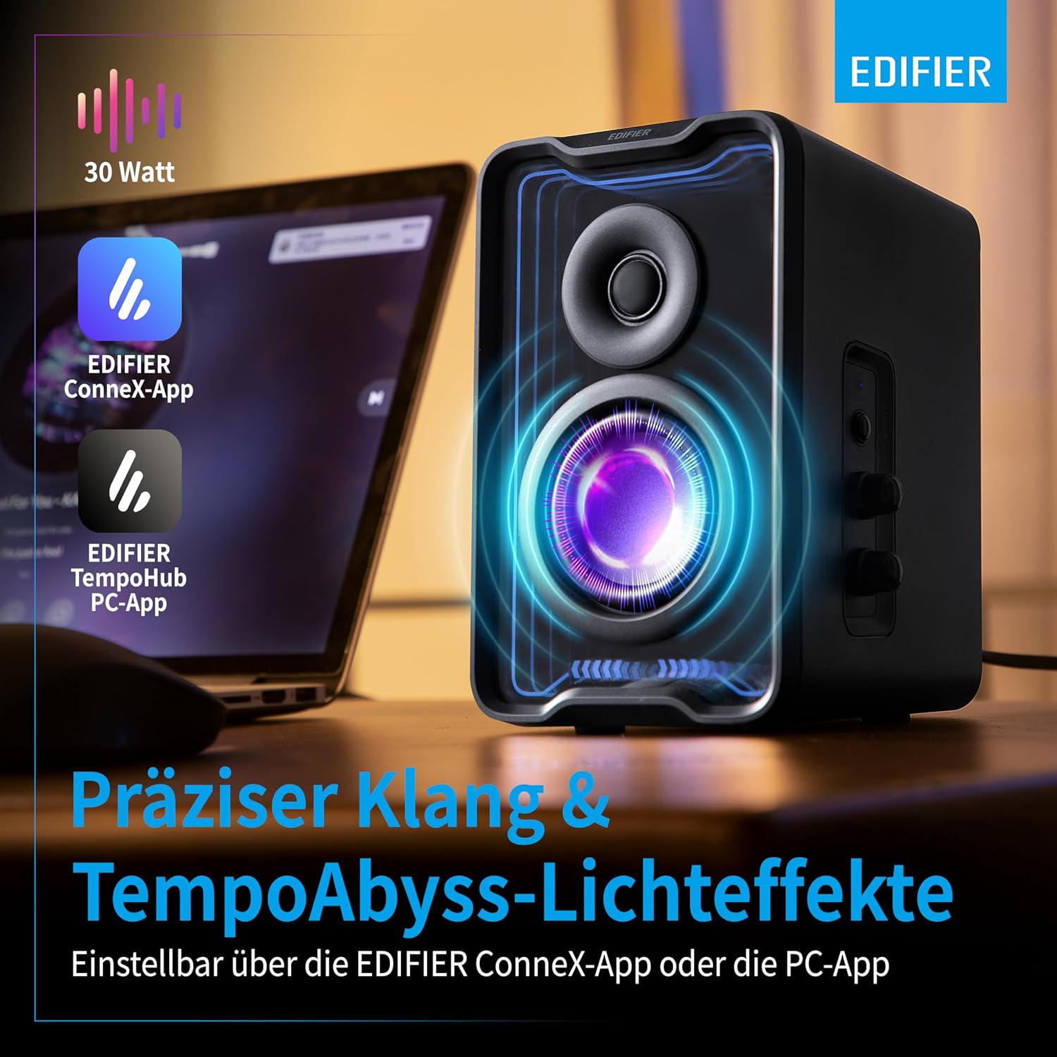 Detalle 2 de Edifier QR30: Aktiver Desktop‑Lautsprecher mit Bluetooth 5.4, 30 W RMS, dynamische Lichteffekte