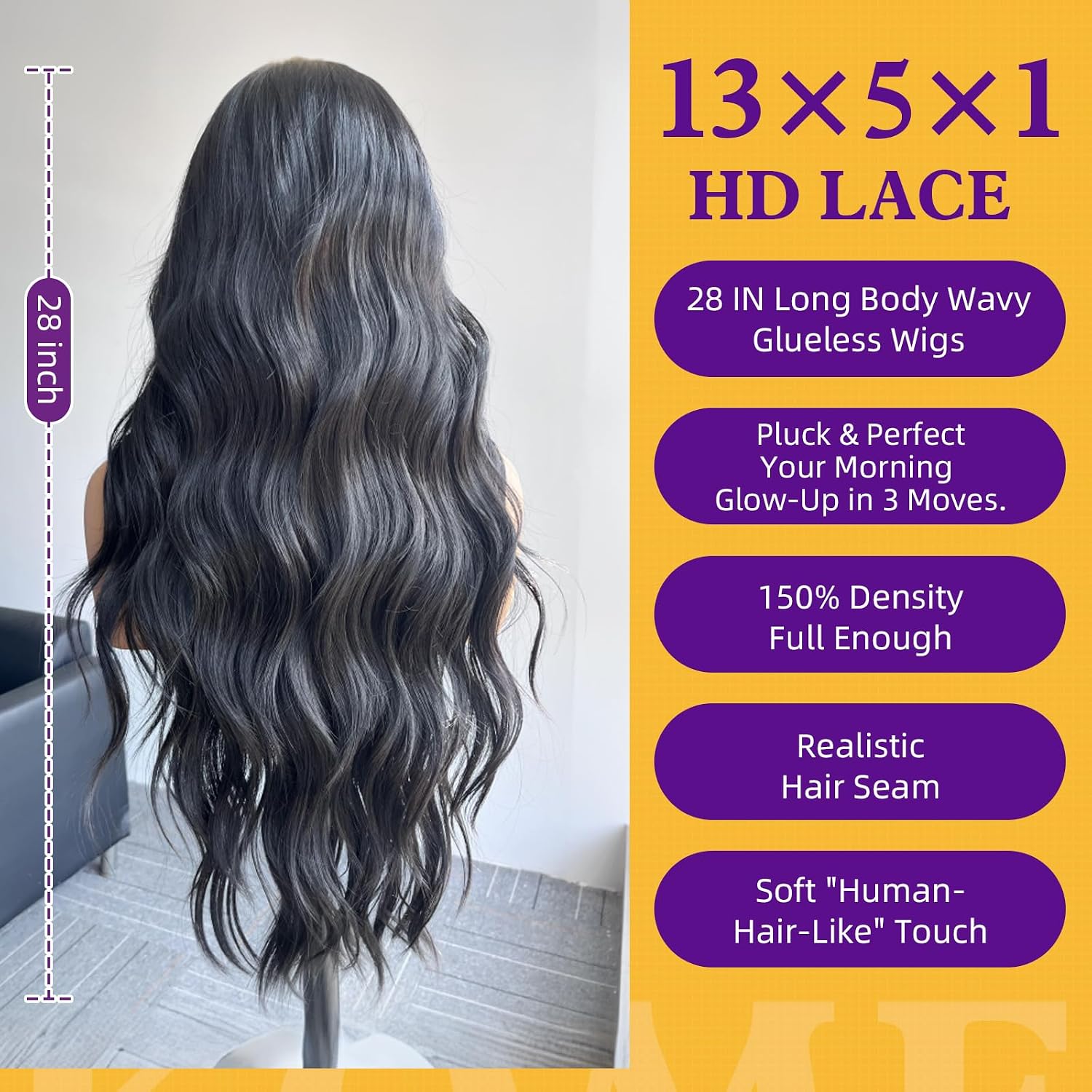 Thumbnail 4 de KOME 28-Inch Black Wavy Synthetic Lace Front Wig with Bangs