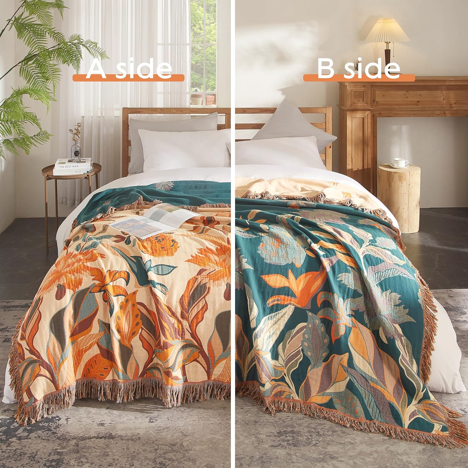 Detalle 2 de SE SOFTEXLY Boho Cotton Throw Blanket, King Size 90” x 98”, 4-Layer Floral Muslin