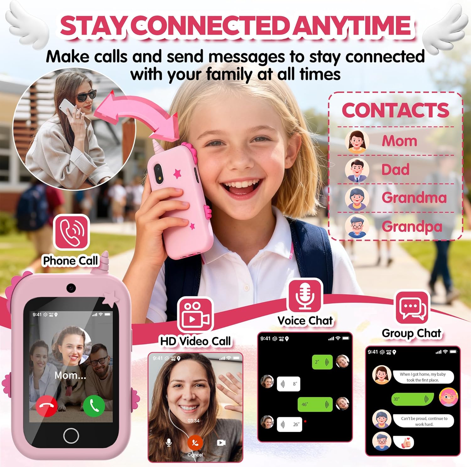 Detalle de 4G Téléphone Portable pour Enfants – Smartphone avec GPS, Appels/Vidéo et Double Caméra (Rose)