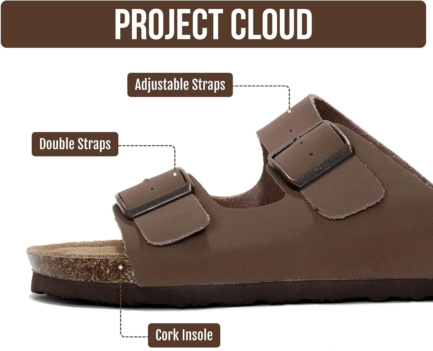 Detalle de Project Cloud 100% Genuine Leather Flat Sandals for Women (Venita) with Cork Footbed, Memory Foam & Arch Support