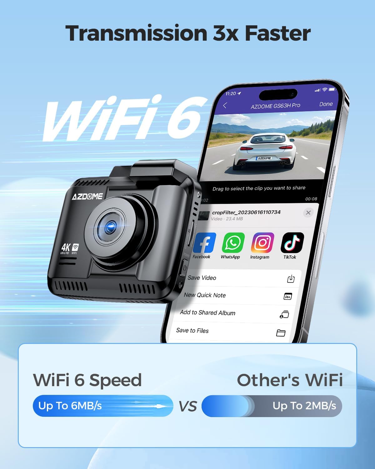 Detalle de AZDOME GS63H Pro dual dash cam (front 4K + rear 2.5K/GPS) with WiFi, 64GB SD, parking monitoring