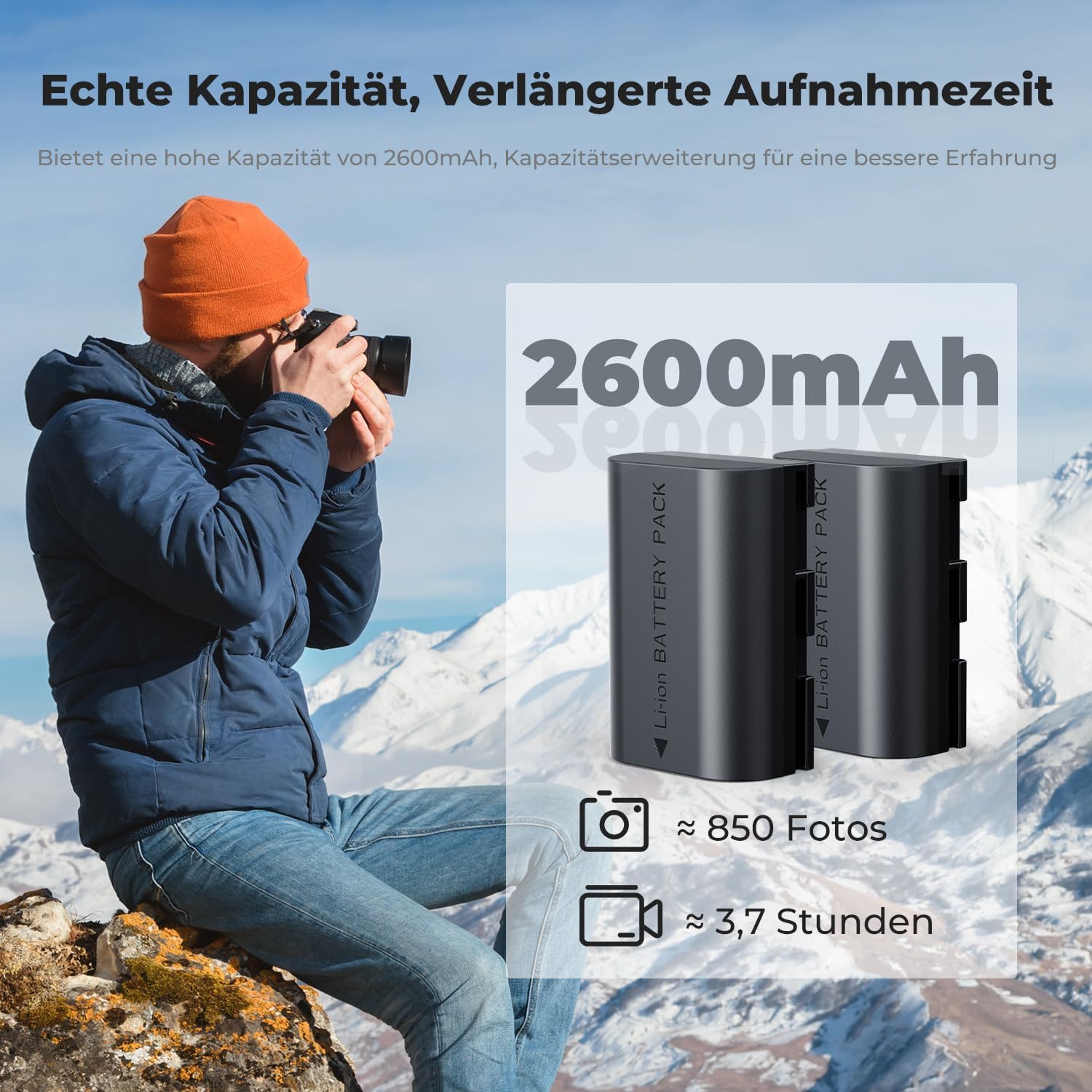 Detalle de K&F CONCEPT LP-E6NH Akku-Set (2 × 2600 mAh) mit Ladegerät – kompatibel mit Canon EOS R/R5/R6/R7 und mehr