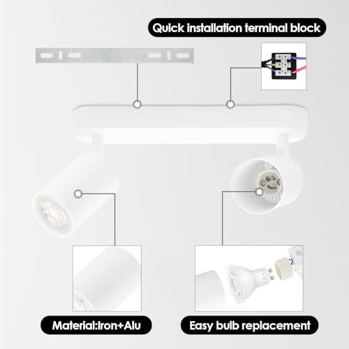 Detalle de KYOTECH Lámpara de Techo LED Blanca con 2 Focos GU10 Orientables y Giratorios