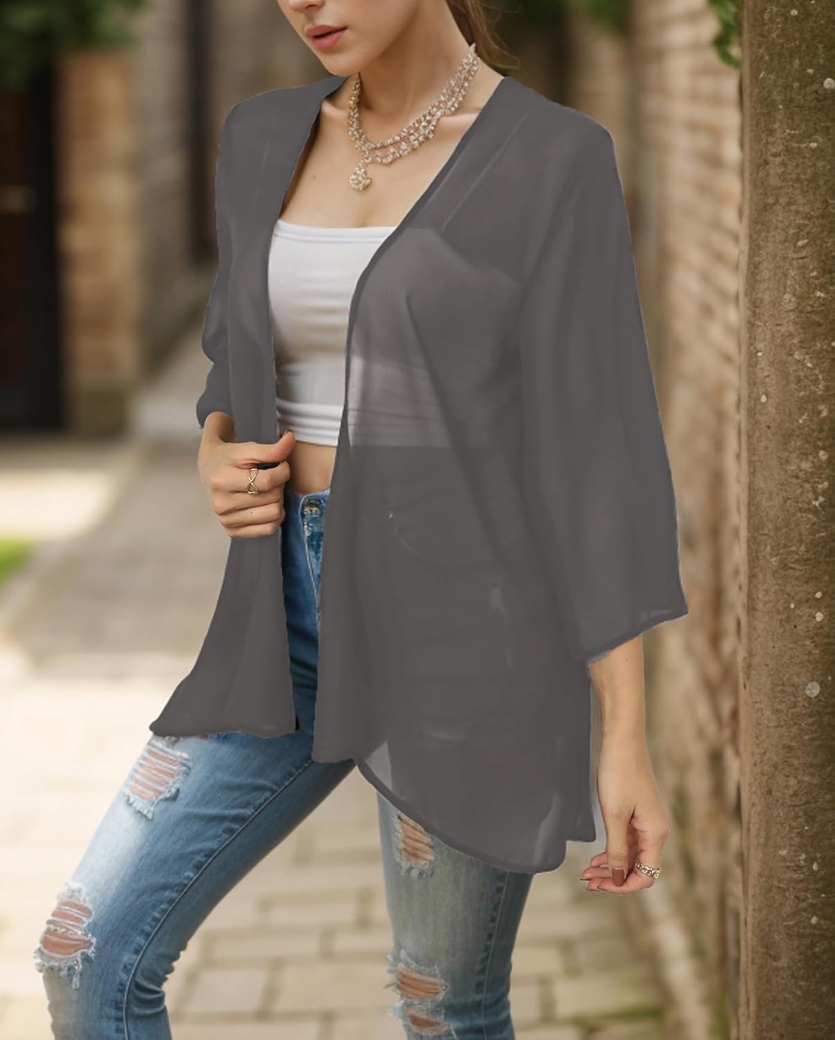 Detalle de Hey Joo Women's Sheer Chiffon Kimono Cardigan: Open Front, Loose Fit for Every Occasion