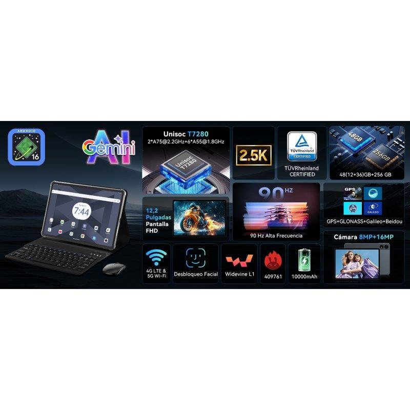 Detalle de ExcitPower T60, tablet de 12,2" con pantalla 2,5K de 90 Hz y 4G