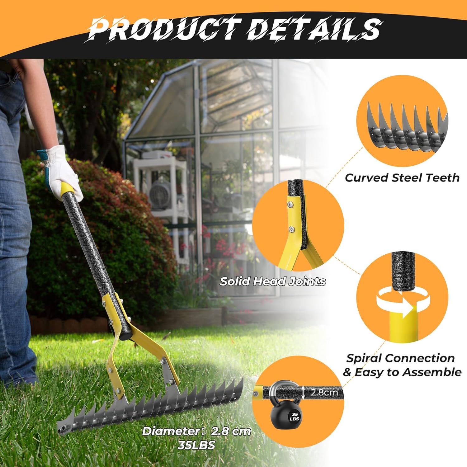 Thumbnail 2 de Thatch Rake 177 cm Heavy Duty Dethatcher Rake with Adjustable Length & Angle (19 Teeth, Double-Teeth Design)