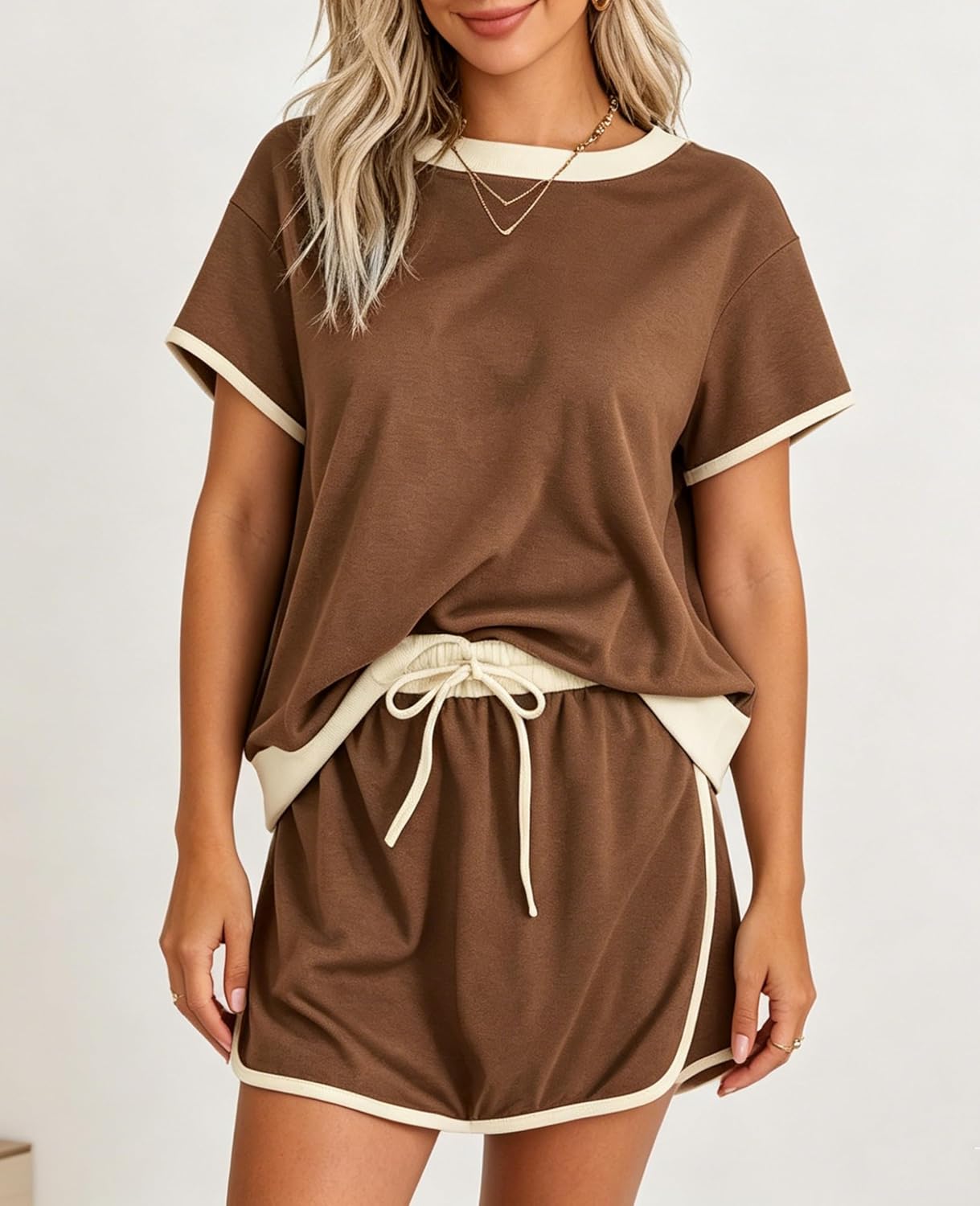 Detalle 2 de SELINK Women’s 2-Piece Colorblock Lounge Set: Skirt + Skort, Drop Shoulder Tee for Summer