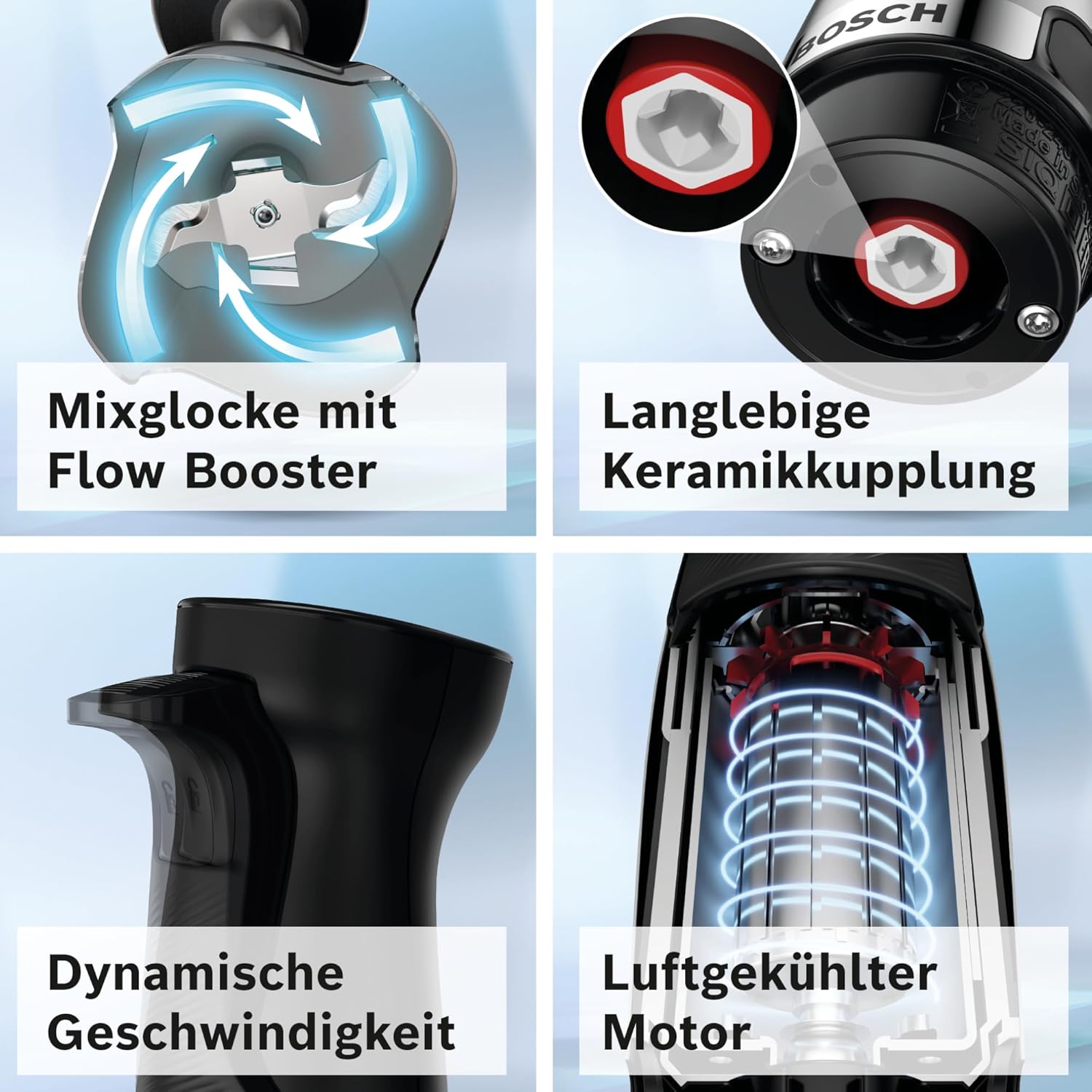 Detalle de Bosch Stabmixer ErgoMaster Serie 6 MSM6M673 (1.000 W) – einhändig, 4 Edelstahl-Klingen, Keramik-Kupplung