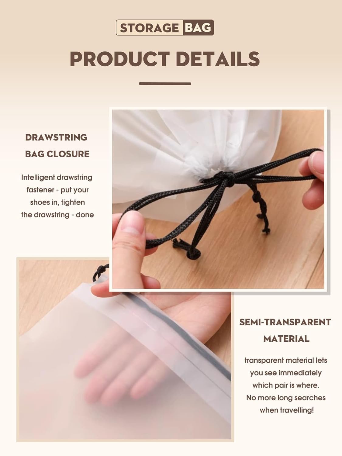 Detalle de Lammcou Sac à Chaussures Imperméable – Sacs transparents avec cordon (Grand et Moyen), Noir