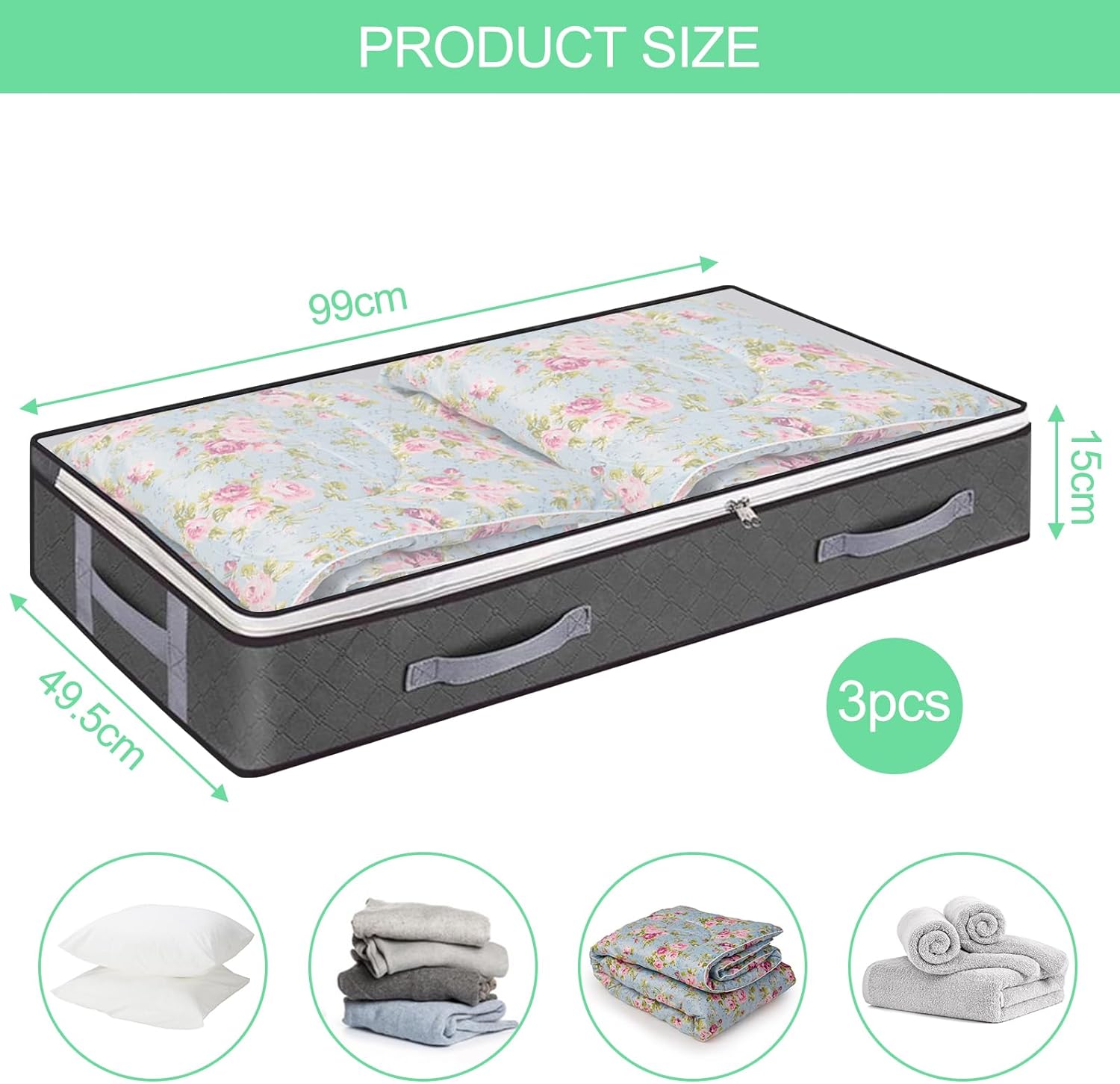 Thumbnail 1 de Lixiluxia 3er Set Unterbett-Aufbewahrungsboxen (Vlies) mit Fenster & Faltfunktion – 99 x 49,5 x 15 cm