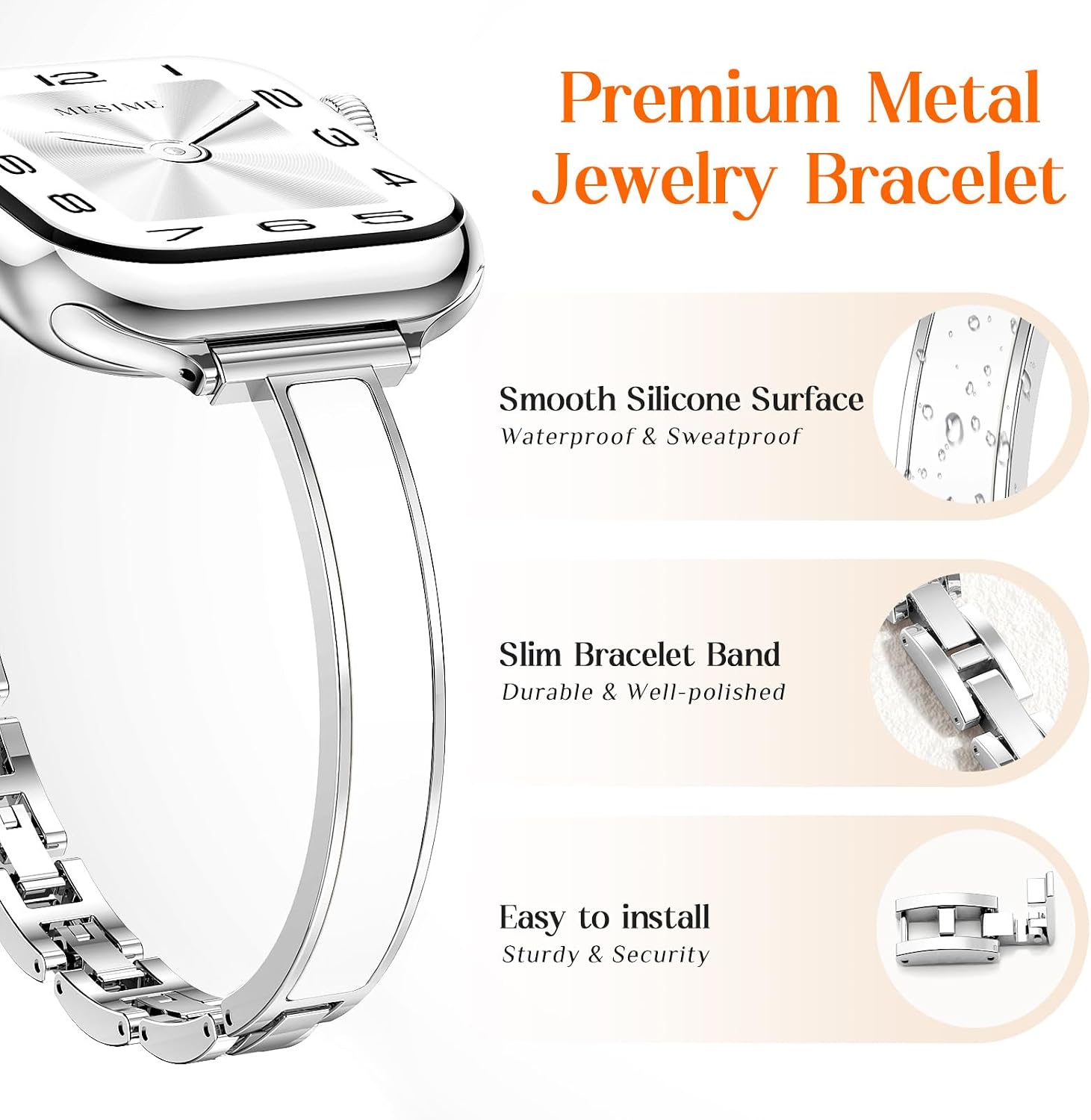 Detalle 2 de Mesime Slim Dressy Watch Band for Apple Watch: Jewelry-Style Metal + Silicone Strap for Women (38mm–49mm)