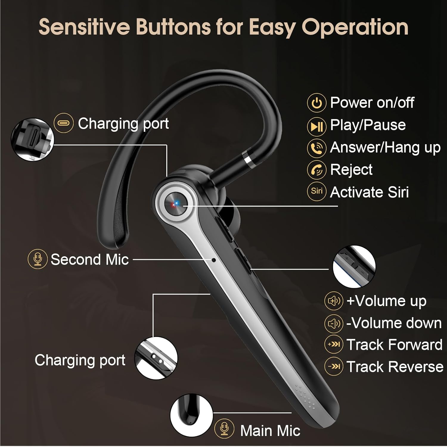 Thumbnail 6 de Bluetooth Headset (S72) Wireless Single-Ear Earpiece with ENC Mic, 120H Battery, IPX7, V5.4 – Bright Black