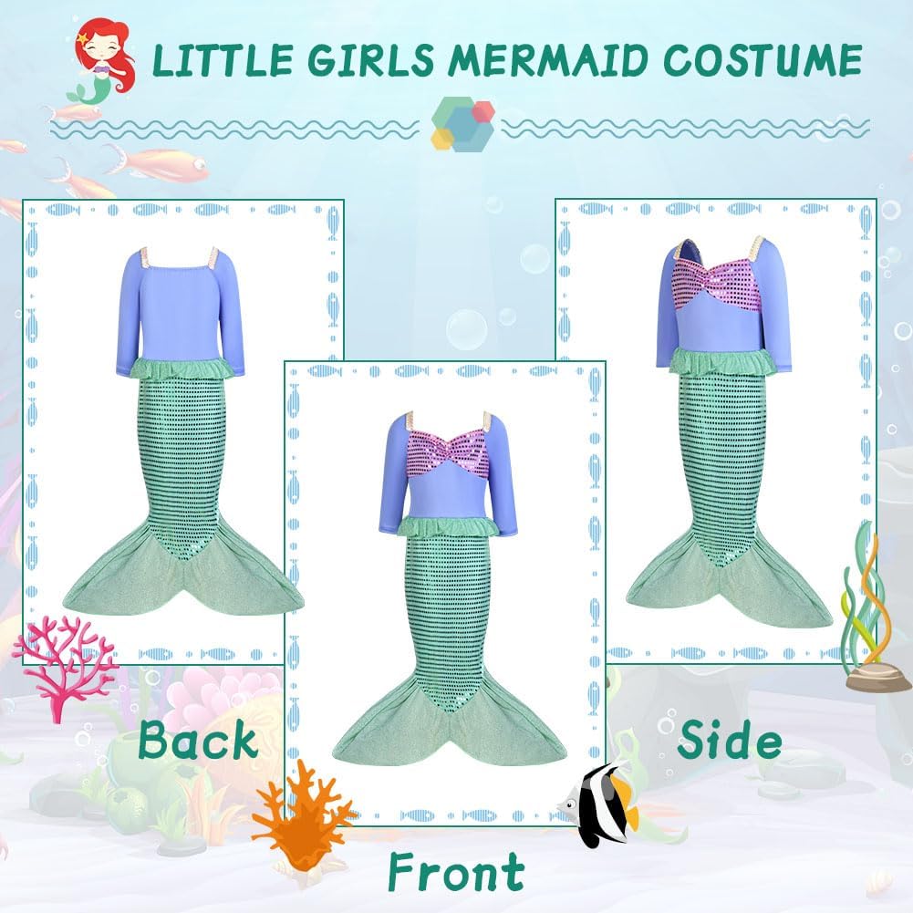 Detalle de AUYAO Vestito Sirenetta per Bambina – Costume di Prinsesi Ariel con Parrucca e Corono