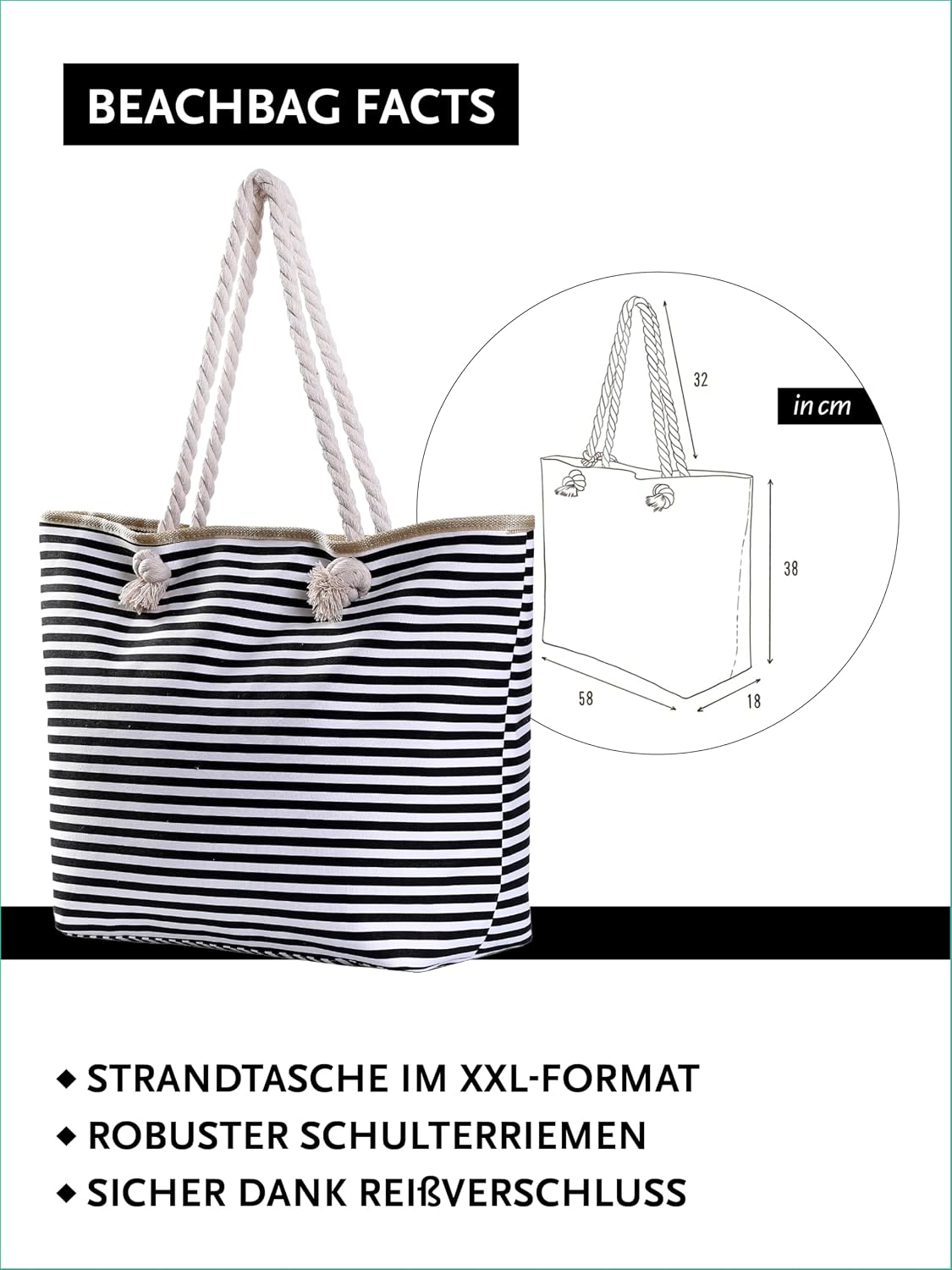 Detalle de DonDon Strandtasche XXL mit Reißverschluss – große Beach- & Badetasche für Strand und Meer