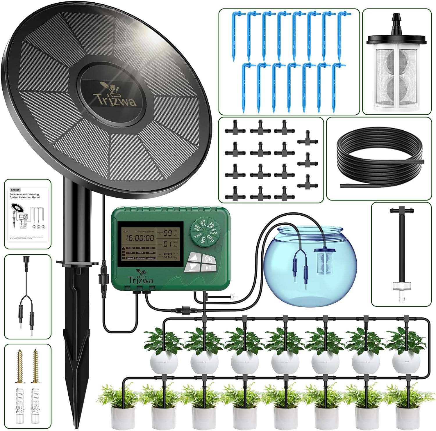Detalle de TRJZWA Kit irrigazione solare a goccia automatico con timer e 15 m di tubo, 15 gocciolatori