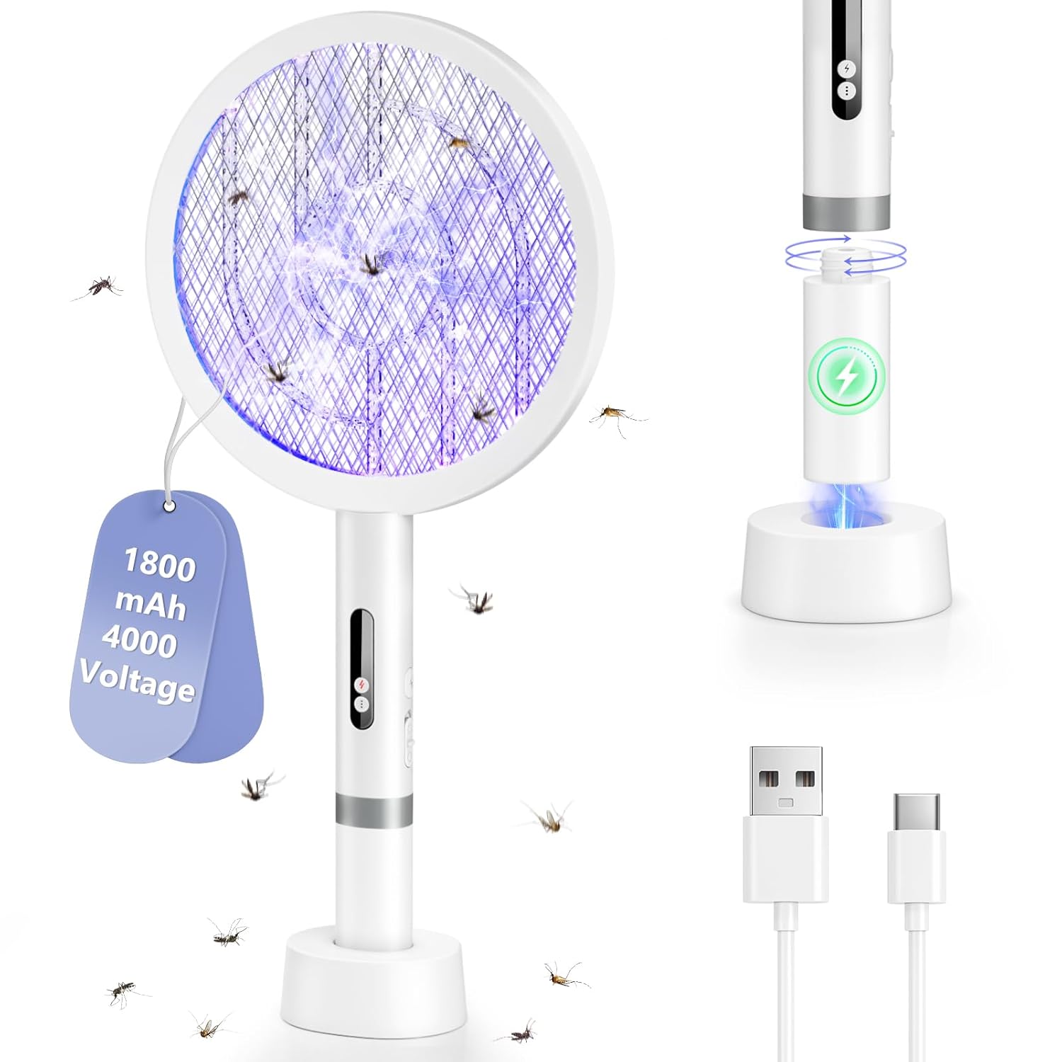 Detalle de BKXCHA 2in1 Electric Fly Swatter – 4000V Zapper with 1800mAh USB Rechargeable Battery
