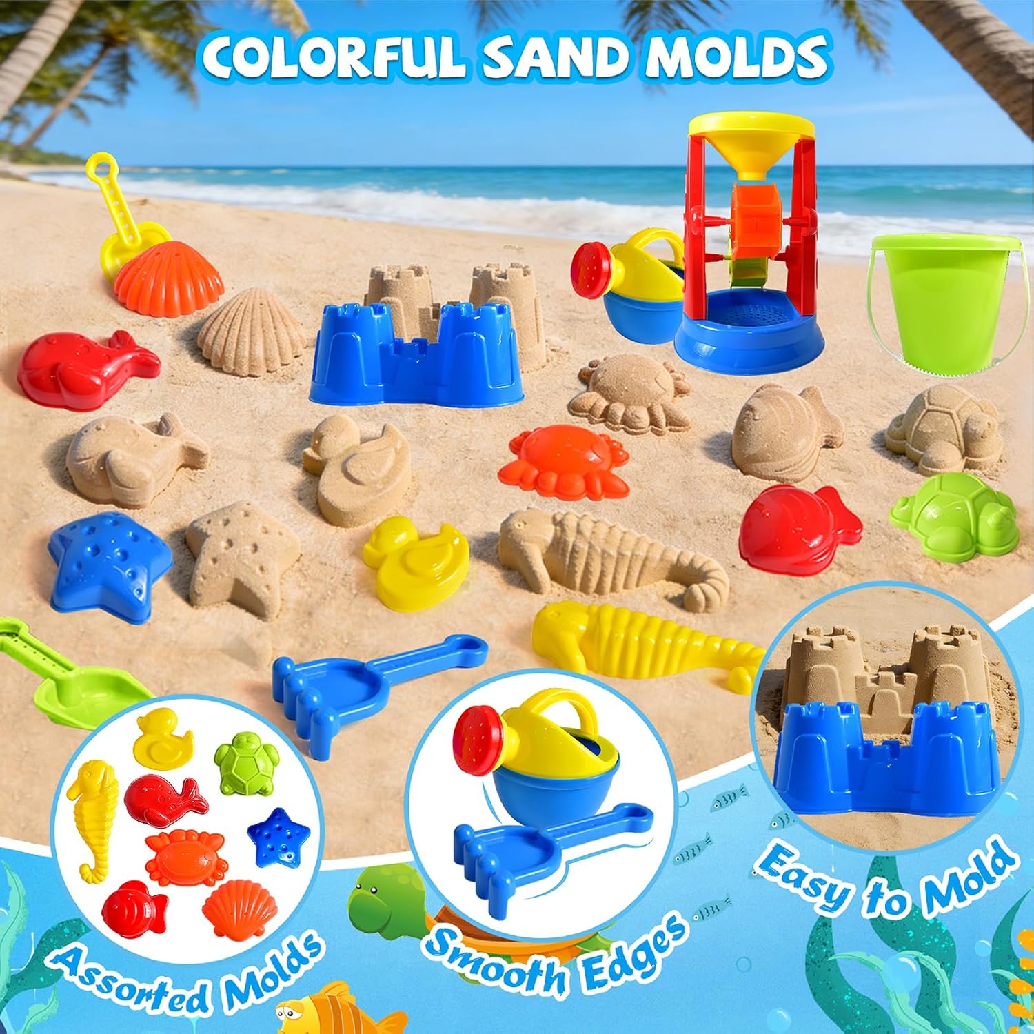 Thumbnail 2 de Beach Toys 19-Piece Sand Toys Set for Kids (Sandbox Water Wheel, Tools, Molds, Mesh Bag) Ages 3–13
