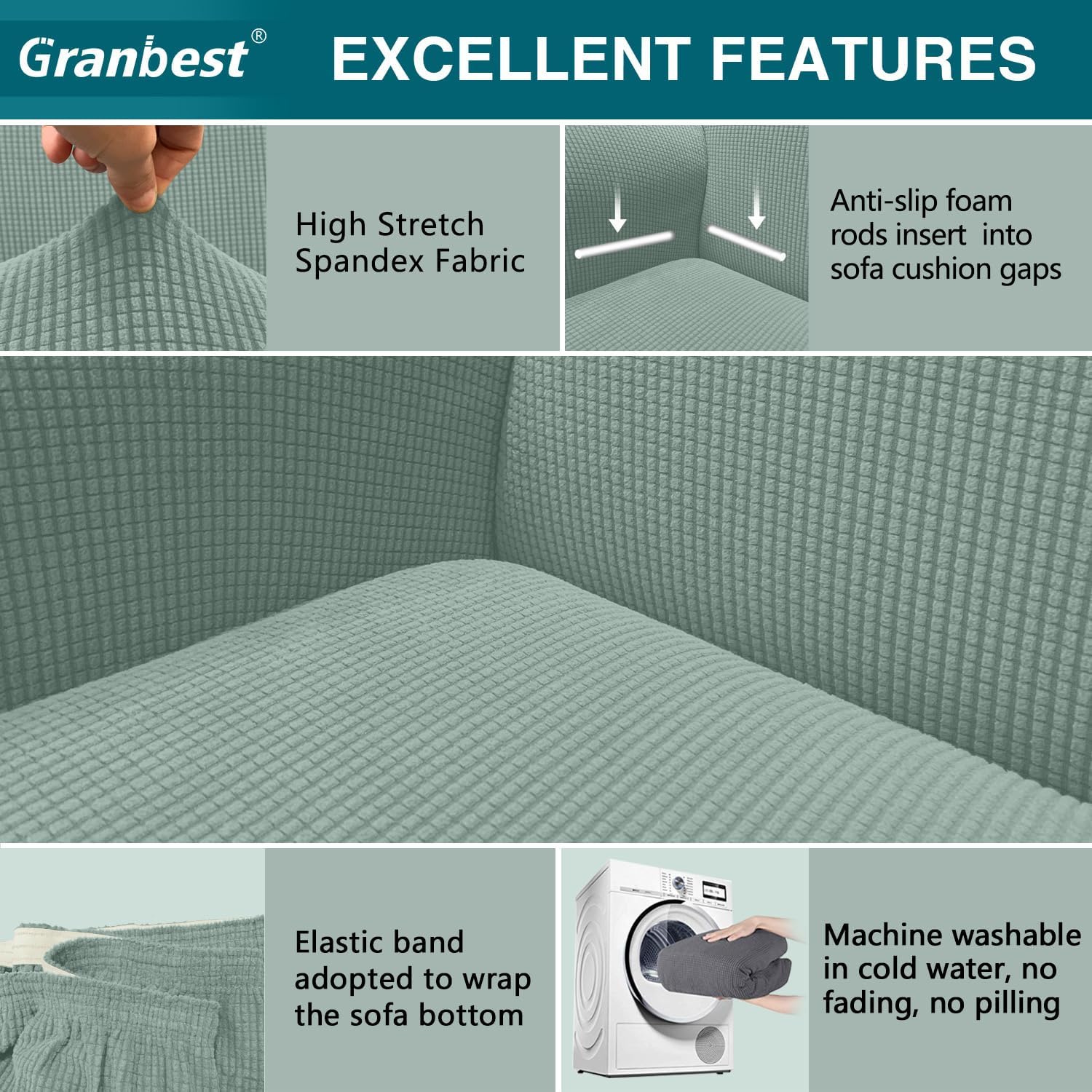 Detalle de Granbest Copridivano altamente elasticizzato 3 posti verde 🛋
