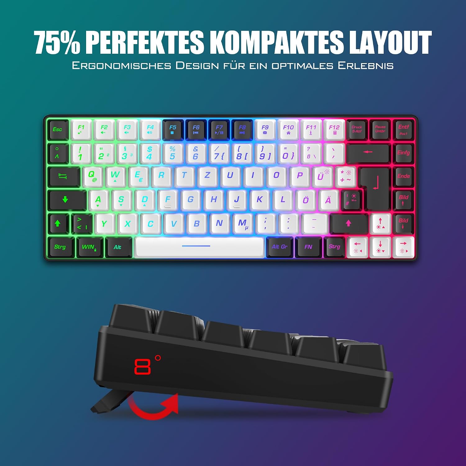 Detalle 2 de RedThunder 75% kabelloses Gaming-Tastatur- und Maus-Set (DE TKL, 85 Tasten) inkl. 7-Farben Honeycomb-Maus, wiederaufladbar – Weiß/Schwarz