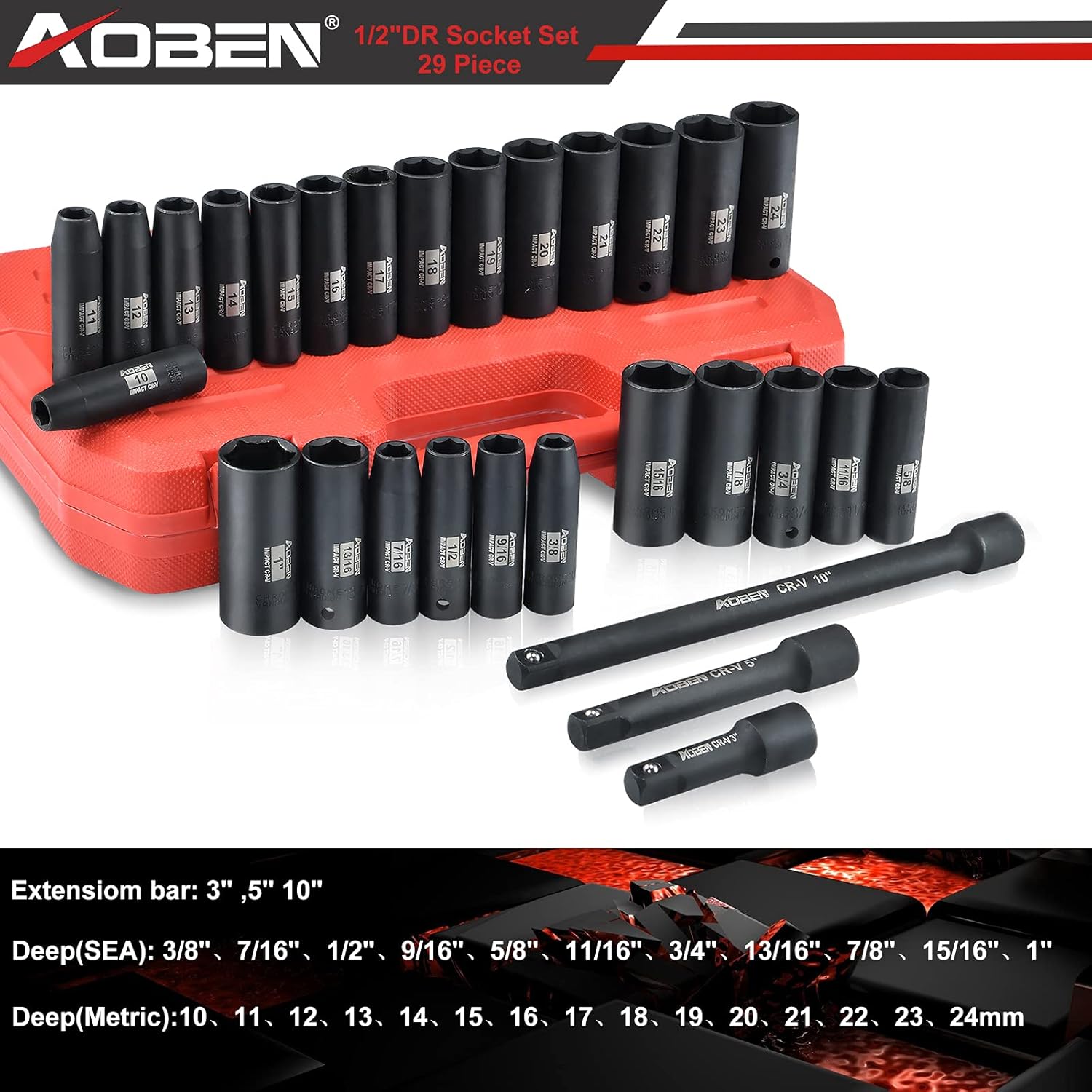 Detalle 2 de AOBEN 29-Piece 1/2-Inch Impact Socket Set (SAE & Metric) with 3"/5"/10" Extensions