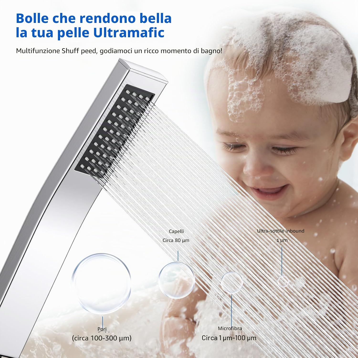 Detalle de HydroLuxe Doccetta a Mano Alta Pressione: soffione in acciaio inox 304 con ugelli silicone anticaduta calcare