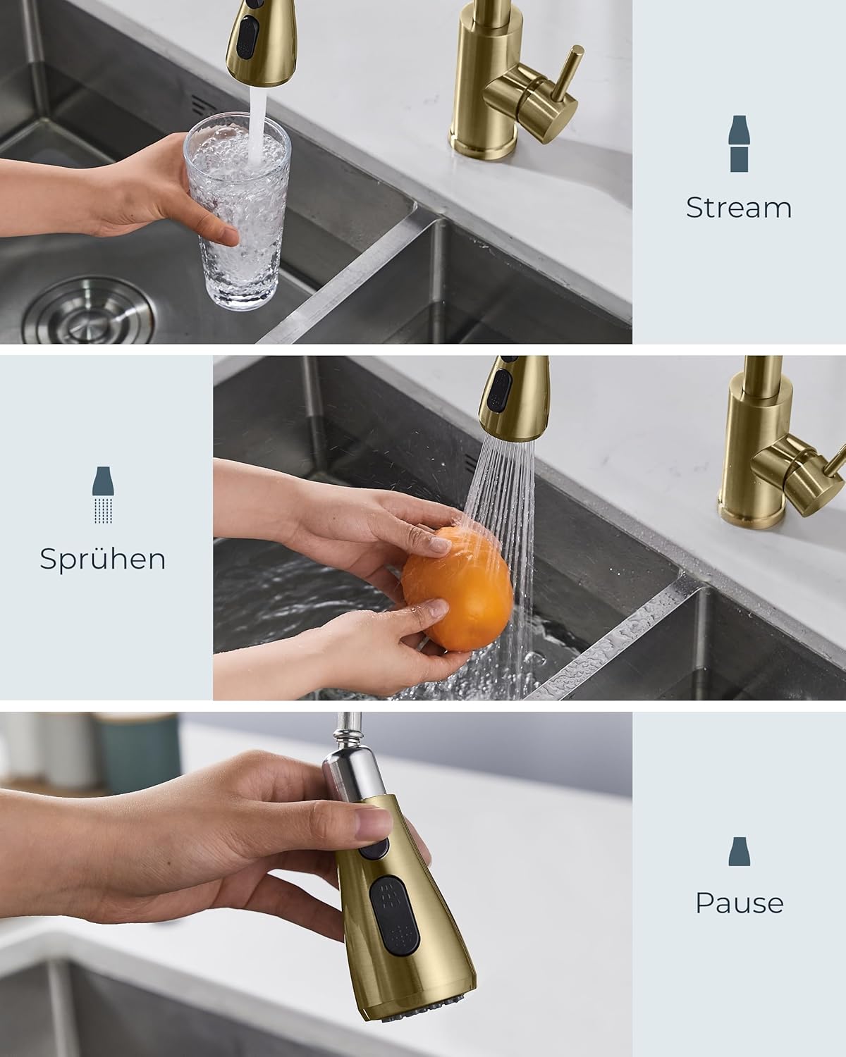 Thumbnail 2 de FORIOUS Küchenarmatur mit Ausziehbrause (360°), 2 Strahlarten, versenkbar – gebürstetes Gold