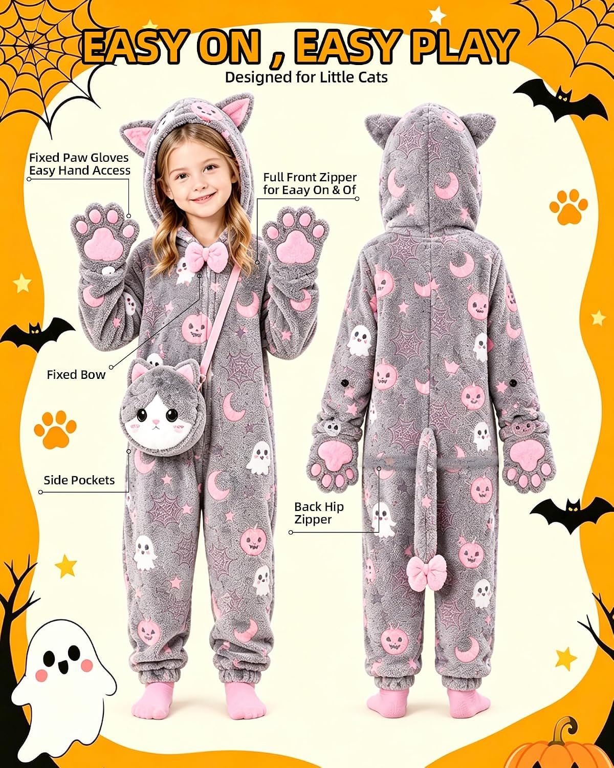 Thumbnail 4 de Gifts2U Glow-in-the-Dark Cat Costume for Kids, Flannel Onesie with Purse