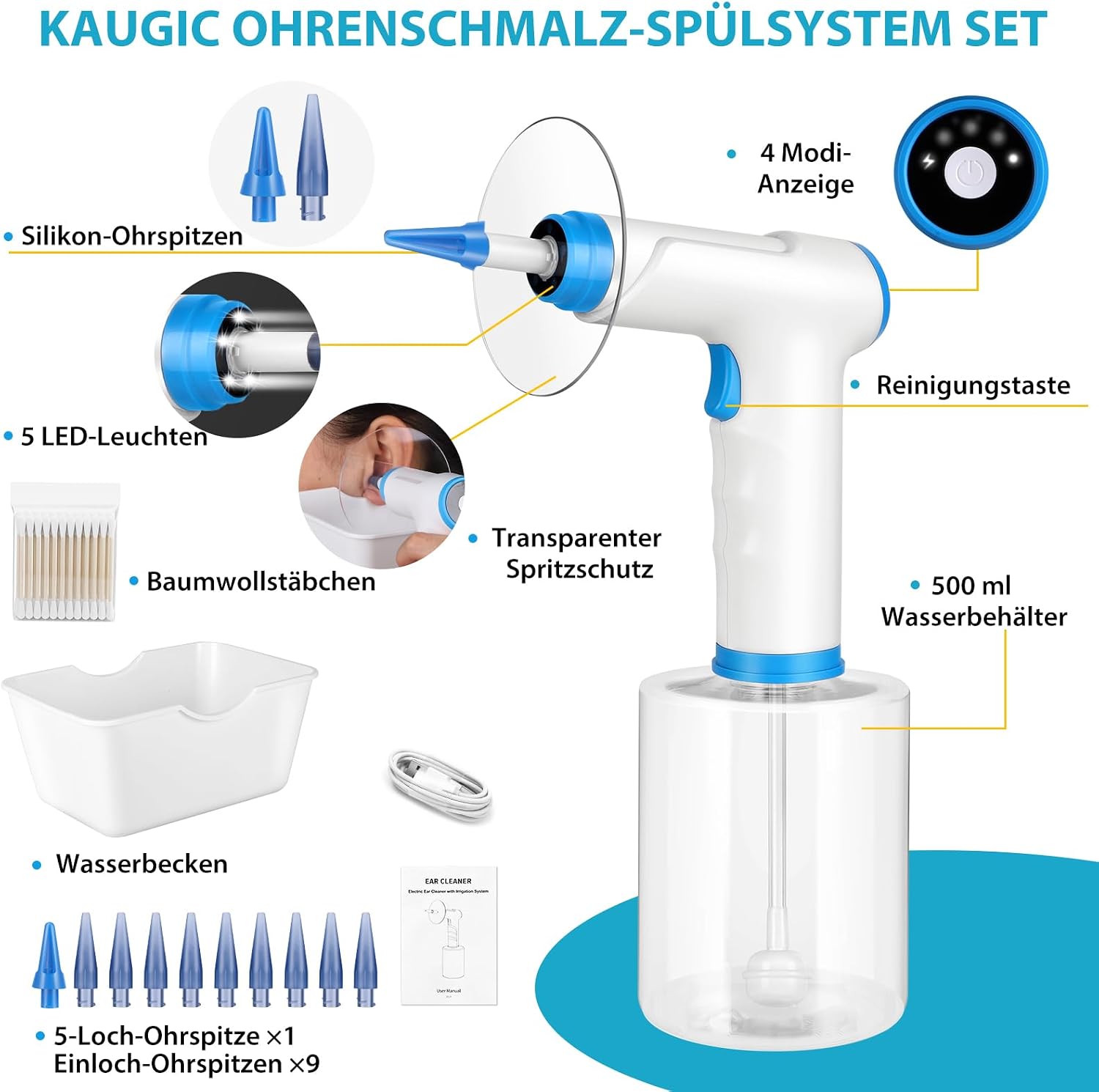 Thumbnail 5 de Ohrenselbstreiniger Ohrenschmalz Entferner Sicherheits-Ohrendusche Blau-Weiß