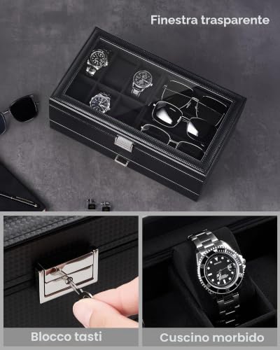 Detalle 1 de ProCase scatola portagioie da uomo a 2 livelli, 6 orologi e 3 paia di occhiali