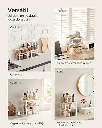 Detalle de SONGMICS Estante para Especias (Juego de 2) – Organizador Extensible con Madera de Ingeniería y Metal, Blanco Nube / Beige Natural