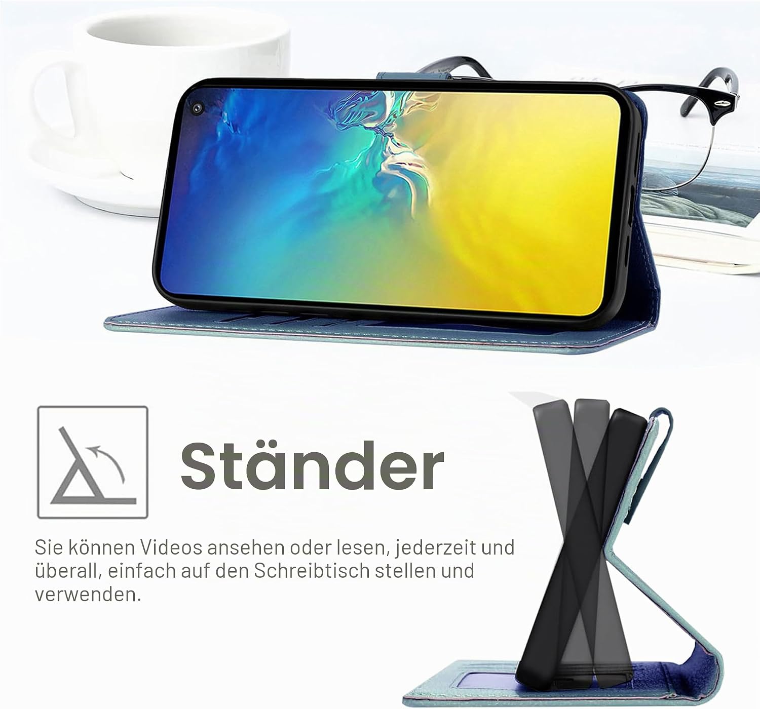 Thumbnail 2 de Jeffene Handyhülle für Samsung Galaxy S10e (5.8 Zoll) – Katzenmotiv Grün, Klapphülle mit 3 Kartenfächern, Ständer und Band