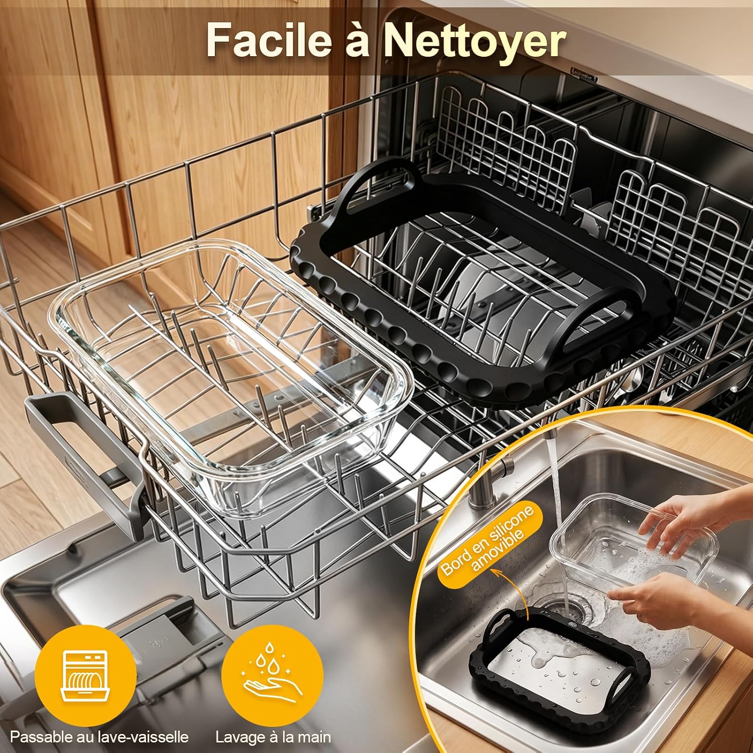 Detalle 1 de Glazen airfryerschalen voor Ninja en COSORI, 2 stuks, siliconen rand, tot 300 °C