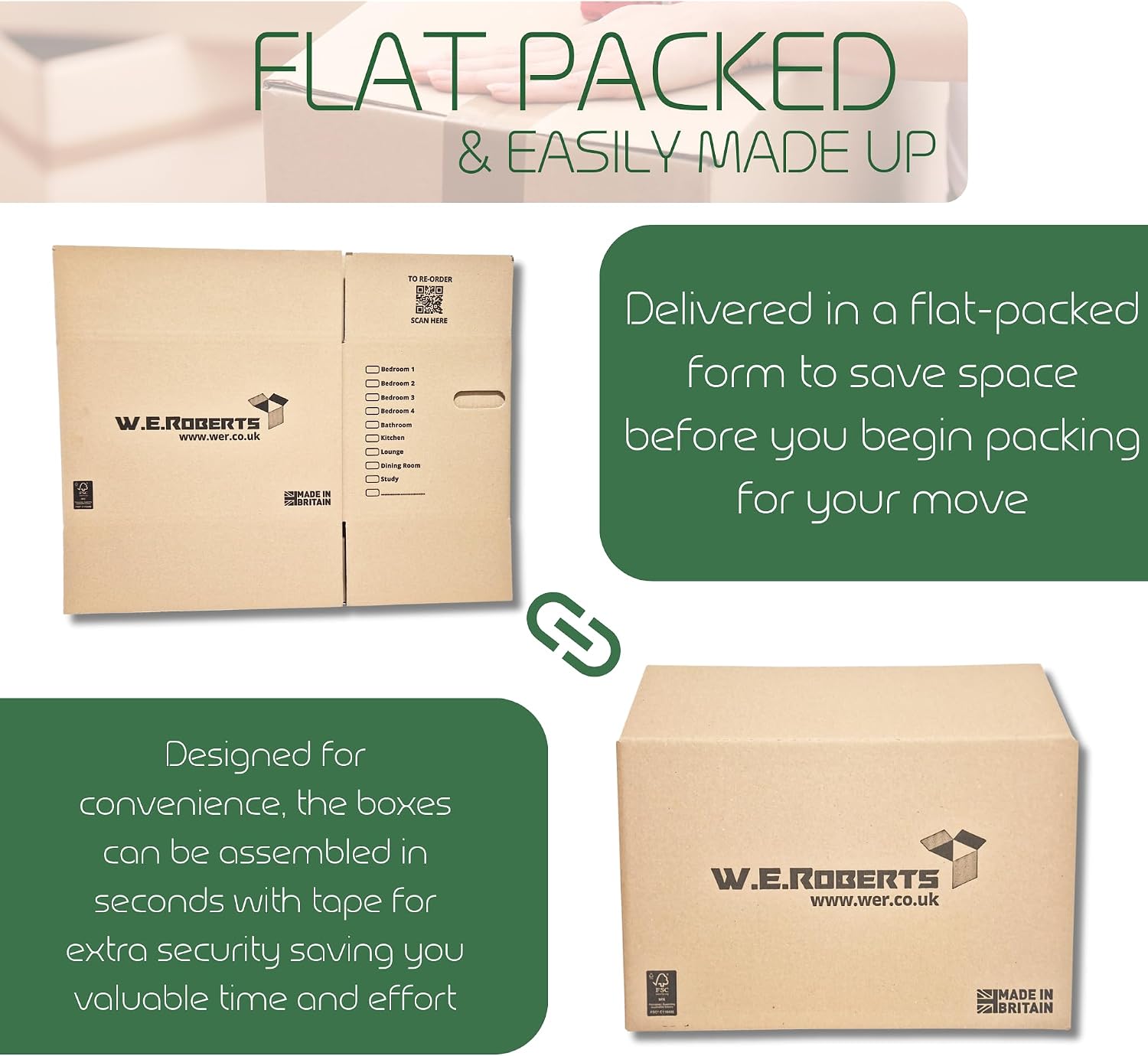 Detalle 2 de Moving Boxes x 20 Large Strong Cardboard Boxes by W.E. Roberts – 45.7 x 28.8 x 28.8 cm, with Handles and Room List