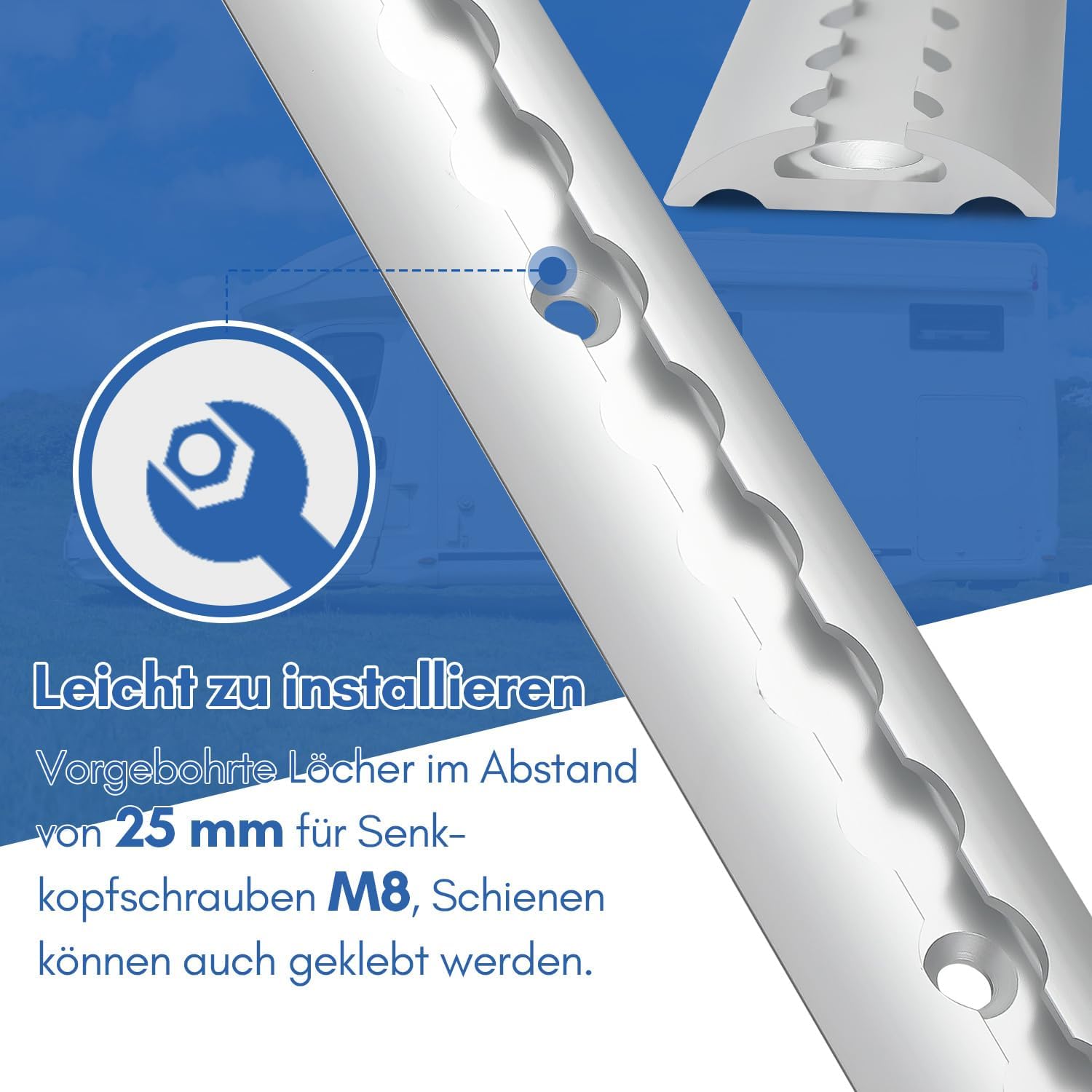 Thumbnail 4 de 4 x 1 m Airlineschiene aus Aluminium (eloxiert) – halbrund, mit Zurrösen und Endkappen, für Ladungssicherung am LKW & Wohnmobil