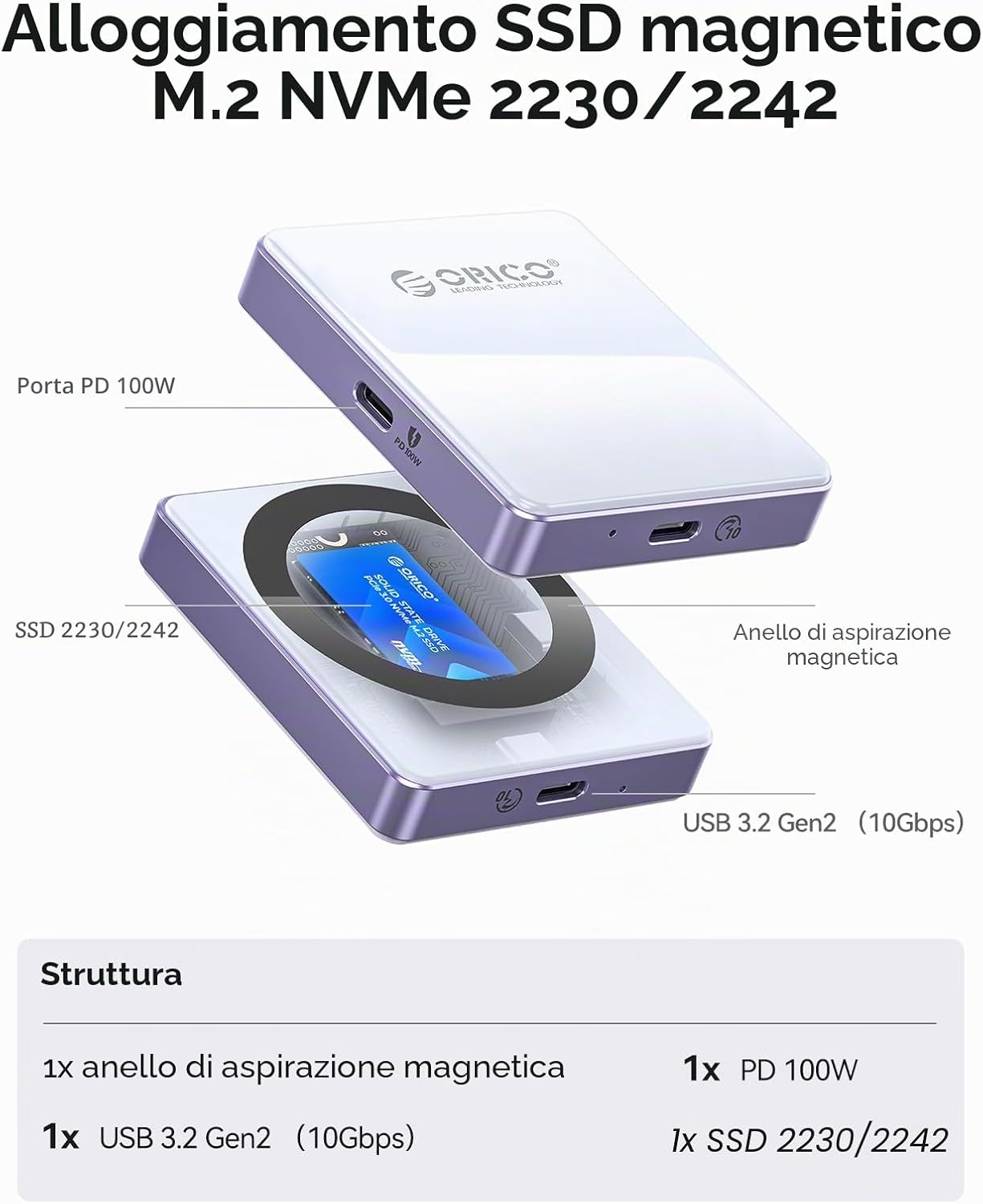 Detalle de ORICO Magnetic Case NVMe M.2 per iPhone 15/16/17 Pro – USB-C 3.2 Gen2 10Gbps, 4K ProRes, PD 100W, SSD 2230/2242 2TB (Verde)