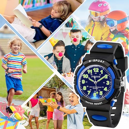 Thumbnail 5 de Juboos Neue 7-Farbige Kinderuhr – Analoge Quarz-Uhr mit Gummiarmband, Wasserdicht 30M, Blau-Schwarz