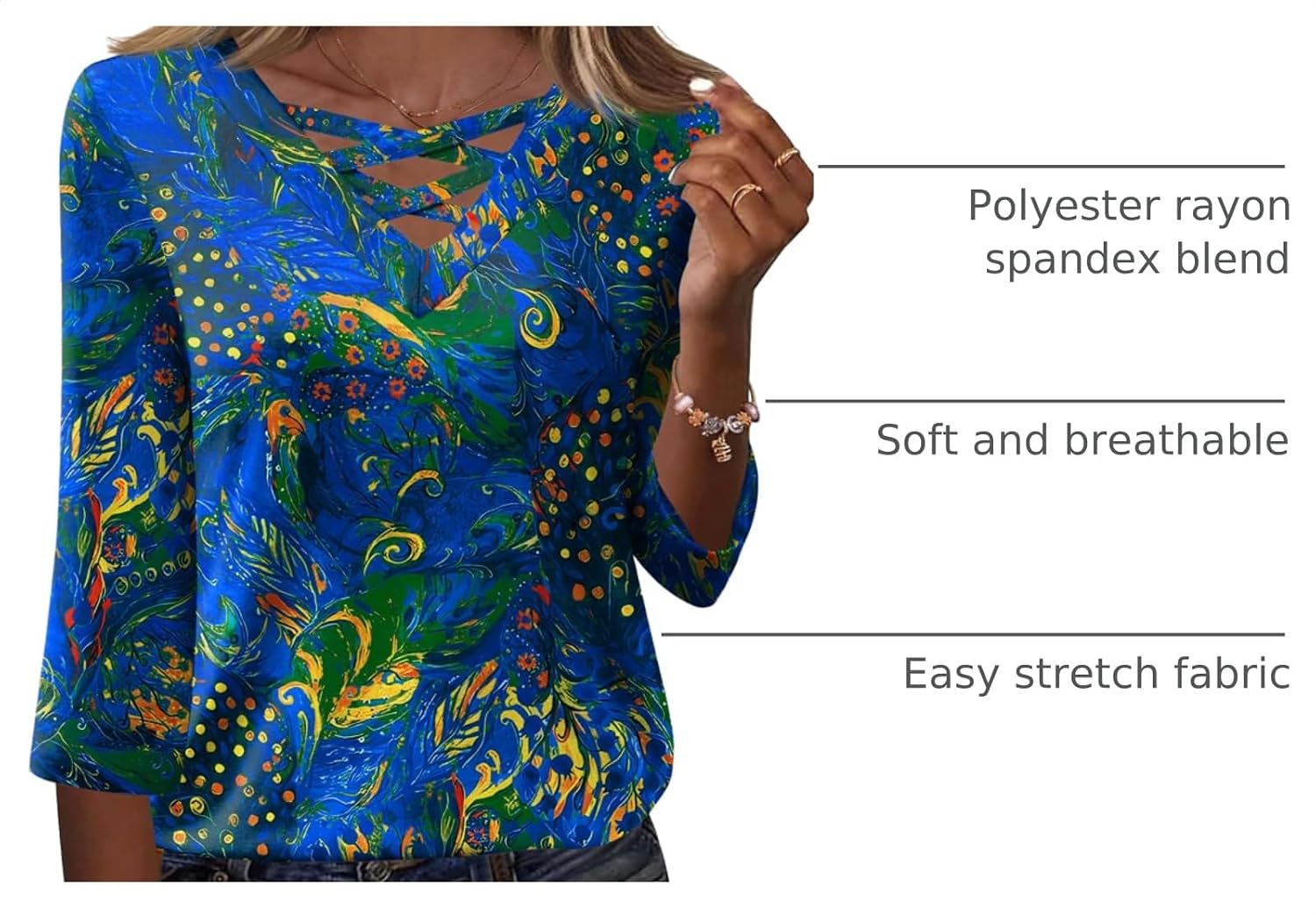Detalle de Rapbin Women's Dressy Casual 3/4 Sleeve V-Neck Cross Tee