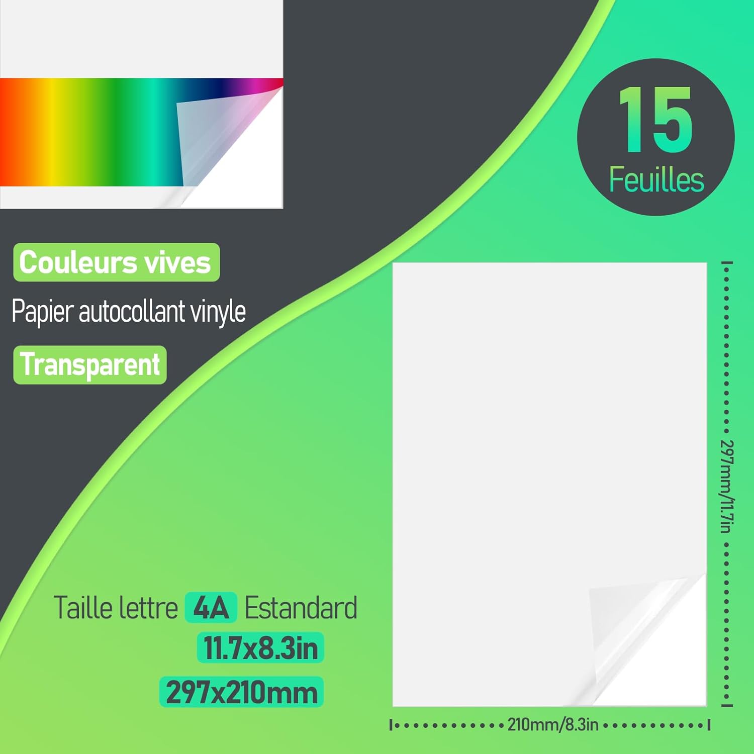 Thumbnail 1 de Tixlux 15 feuilles de papier autocollant vinyle transparent A4 pour imprimante à jet d’encre