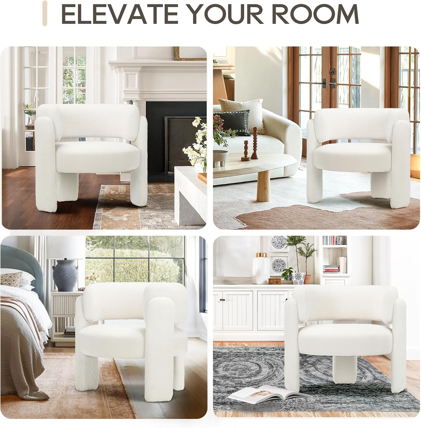 Detalle de COLAMY W181 Sherpa Accent Chair, Cream, Rounded Arms and Three-Leg Design
