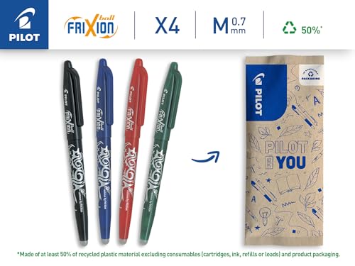 Detalle de PILOT Lot de 4 Frixion Ball — Stylo effaçable à encre thermosensible, pointe moyenne 0,7 mm (bleu, noir, rouge, vert)