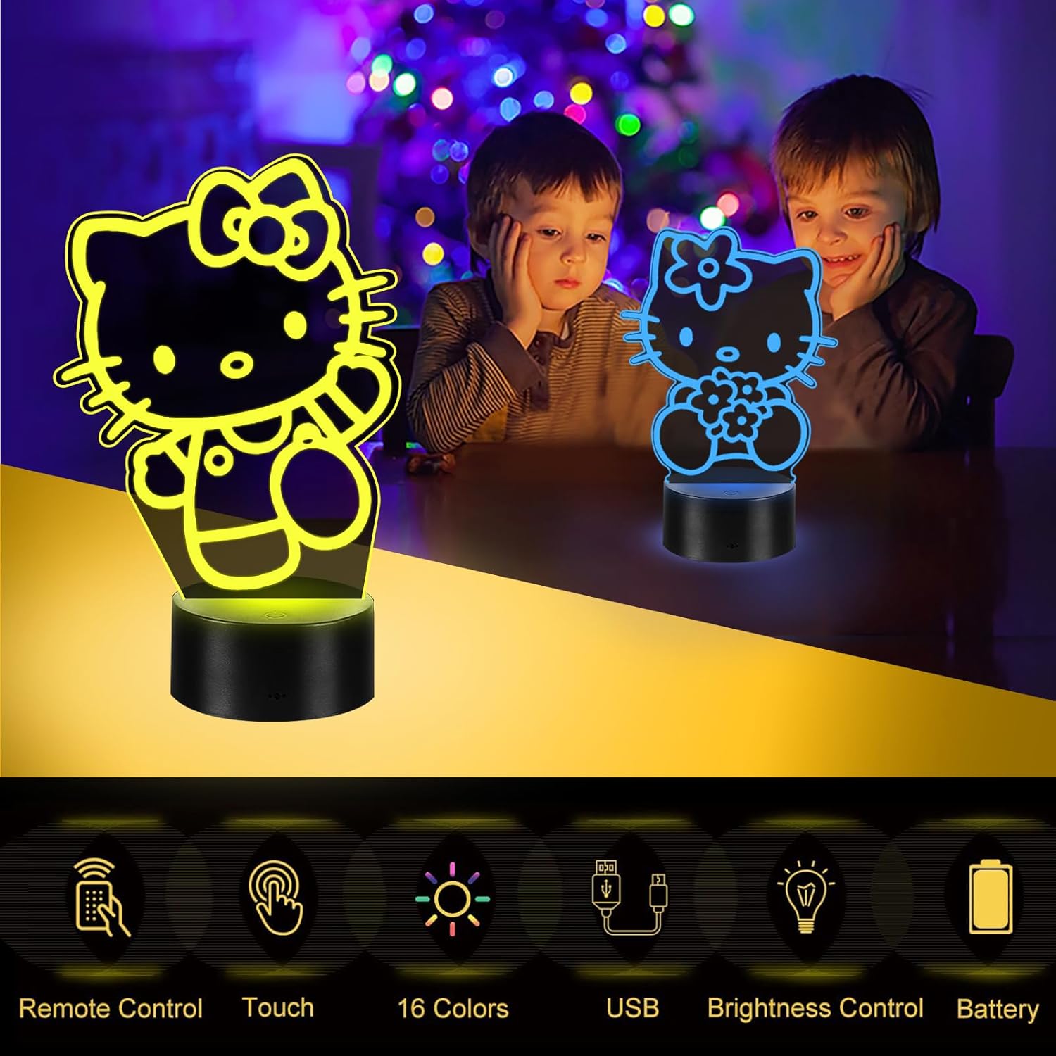 Detalle 2 de Dagydali 2-en-1 Kitty Veilleuse 3D LED pour enfants — 16 couleurs et télécommande