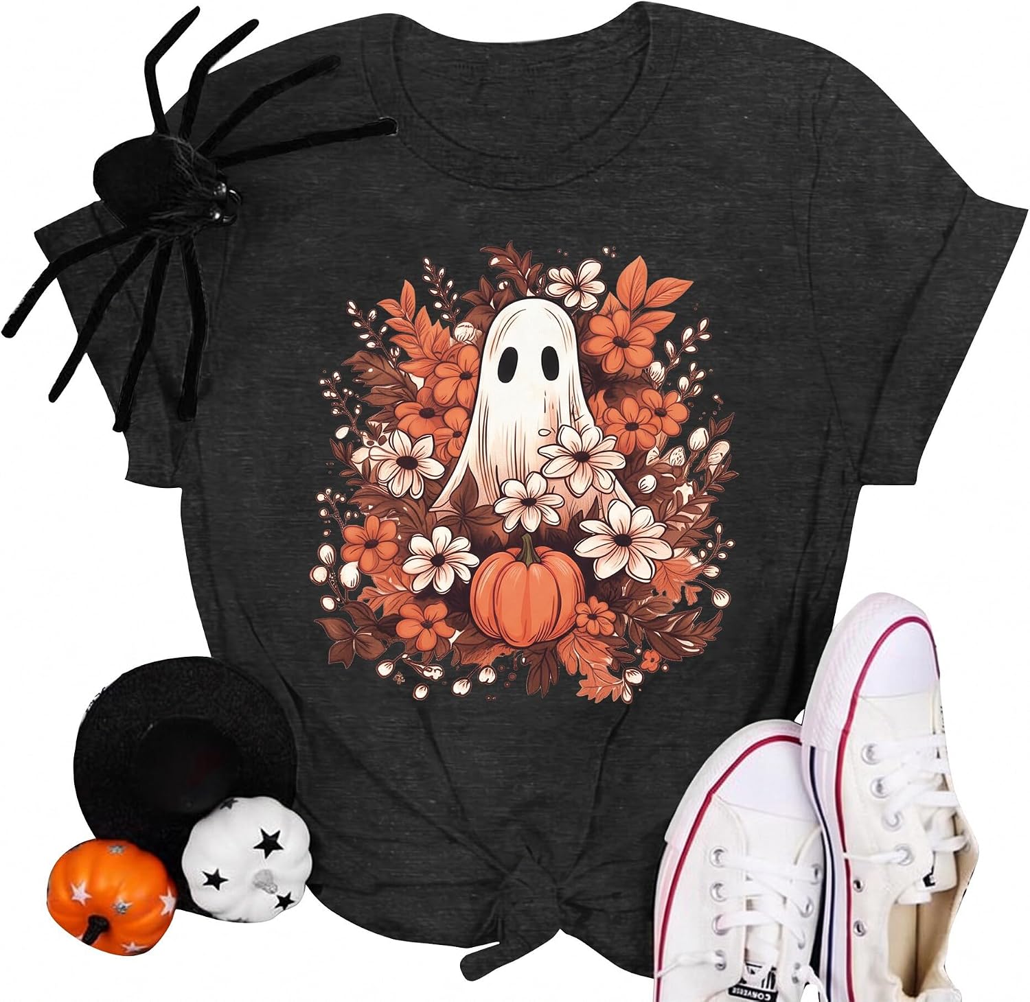 Detalle de SUPEYA Women's Halloween Ghost Graphic Tee, Spooky Season Short-Sleeve Shirt