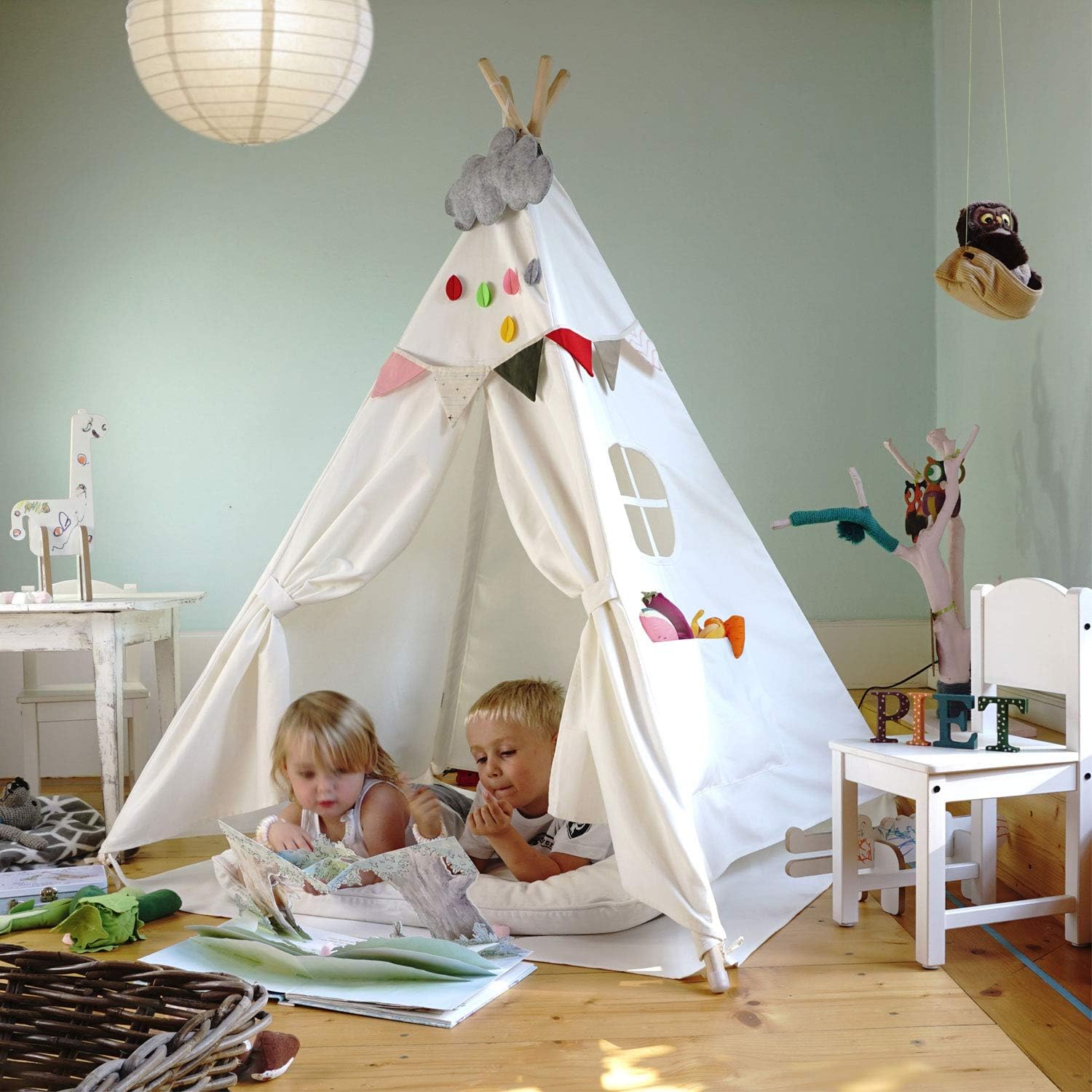Detalle de HEJ LØNNE Tenda Tipi Indiana per Bambini Beige Naturale con Tappetino e Finestra 120x120x150 cm