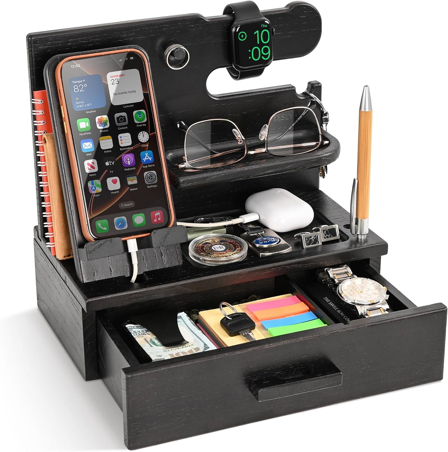 Detalle de Teslyar Wood Phone Docking Station with Drawer (Solid Ash, Black) – Desk & Bedside organiser