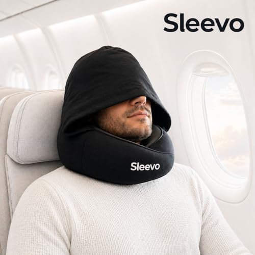 Detalle de Sleevo Pro Nackenkissen (L) fürs Flugzeug mit Kapuze, Memory-Schaum, Schwarz
