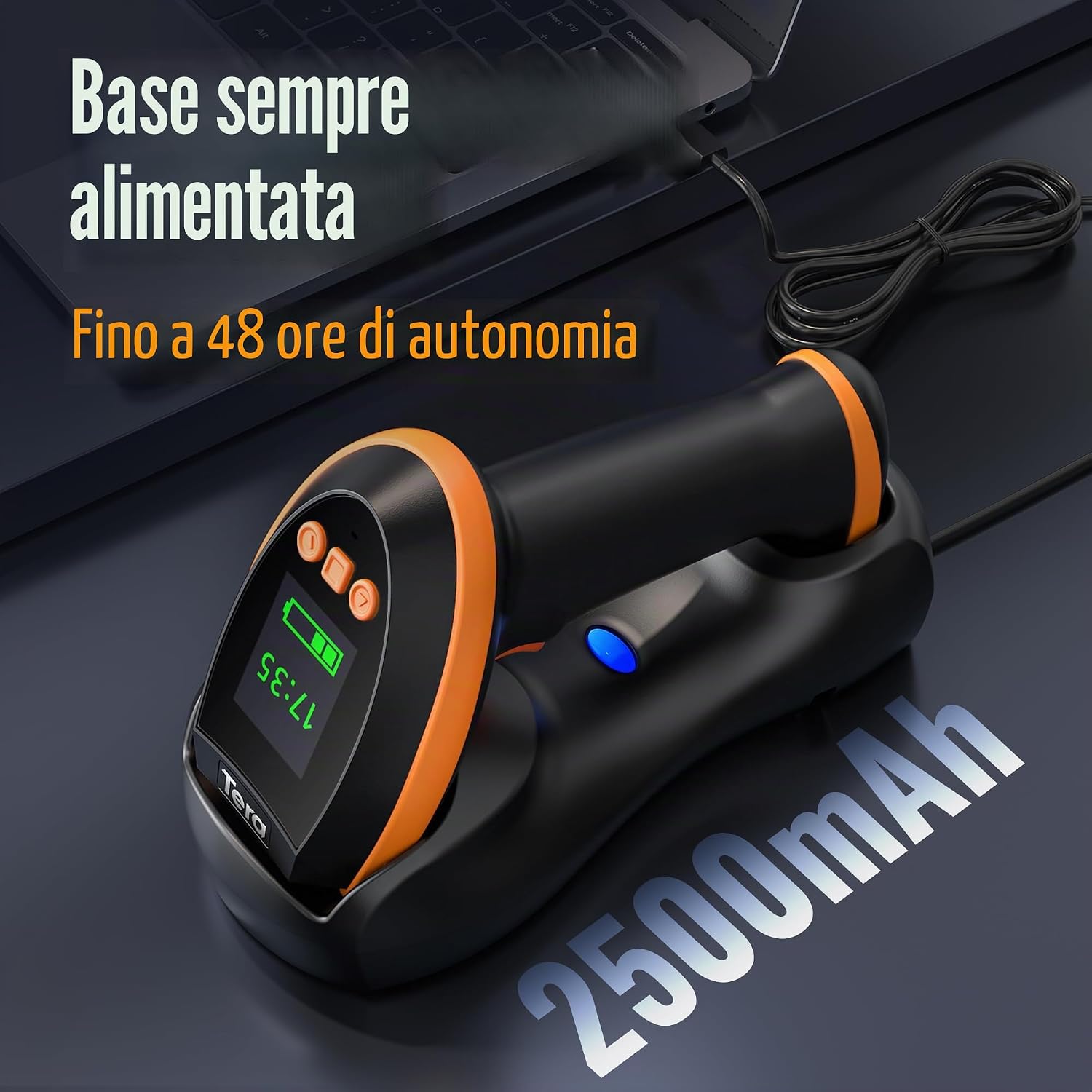 Detalle de Tera Barcode Scanner 2D HW0009: lettore wireless con display, 3 tasti e base di ricarica