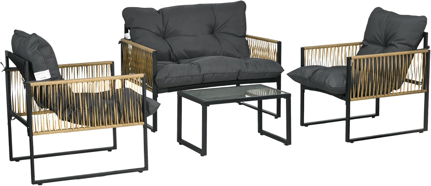 Outsunny Salon de Jardin Extérieur 4 Pièces - Canapé 2 Places, 2 Fauteuils et Table Basse en Résine Tressée Gris